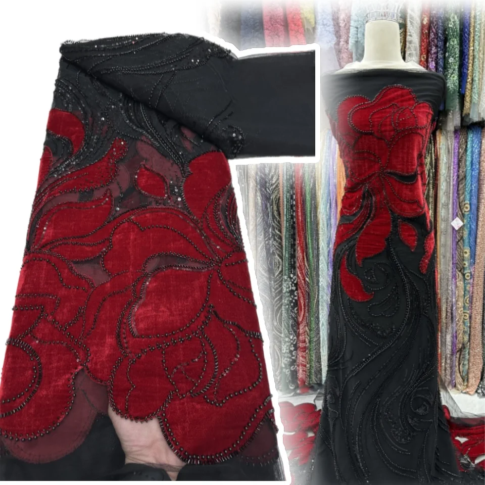 

African Handmade Velvet Beaded Tulle Lace Fabric 2025 French Sequins Embroidery Net Pearls for Bridal Party Dress Material 1193