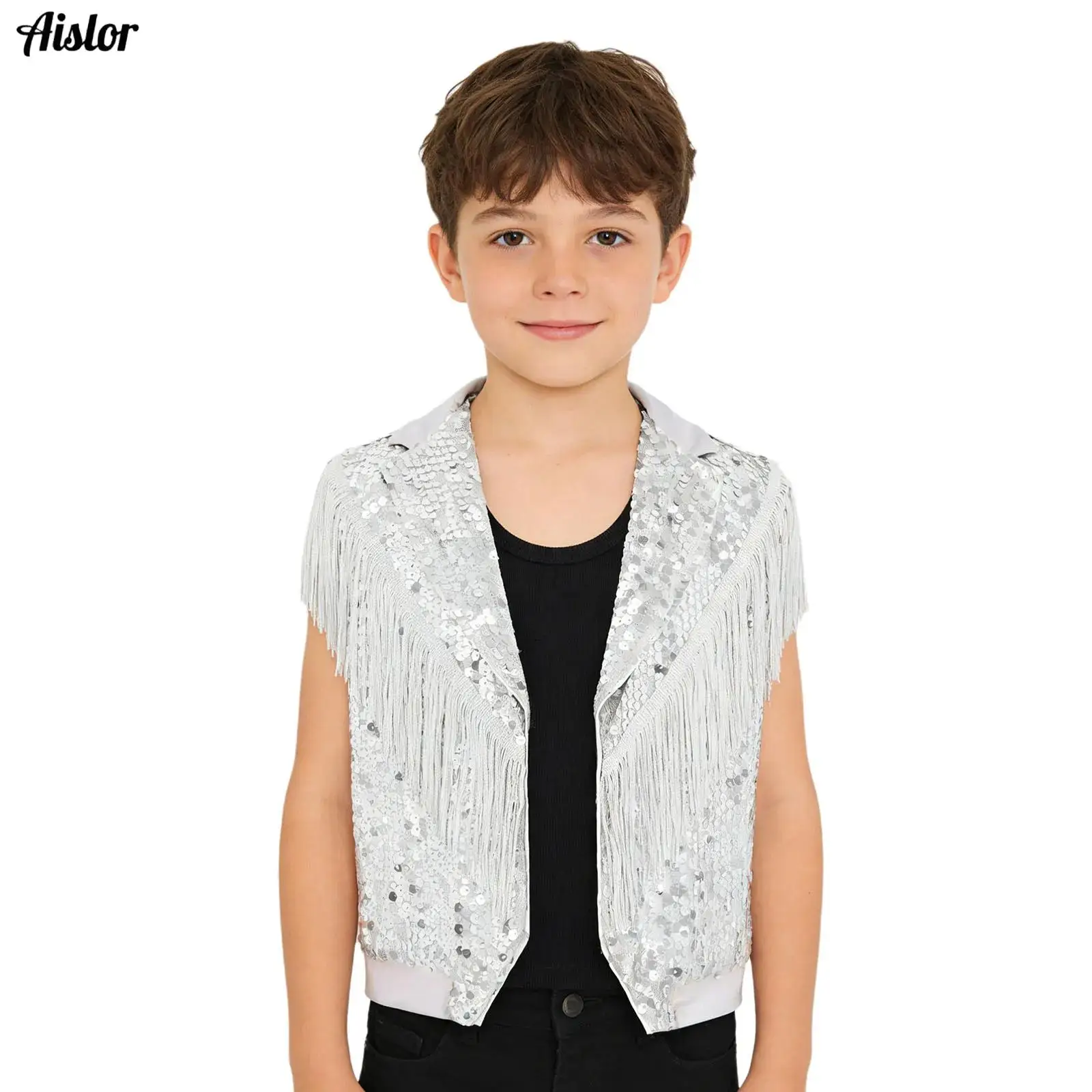

Kids Tassel Sparkling Sequin Vest Waistcoat Contrast Color Sleeveless Tops Boys Girls Jazz Dance Party Stage Performance Costume