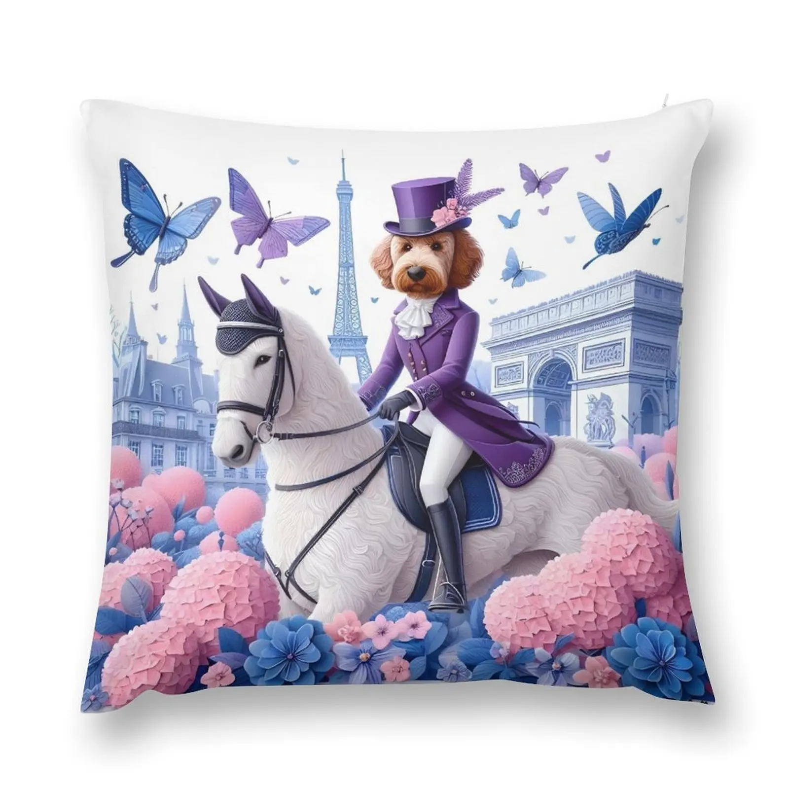 

Pretty Golden Doodle Dog Riding Horse through Paris with Butterflies Throw Pillow Bed pillowcases Sofa Pillow Cover pillow