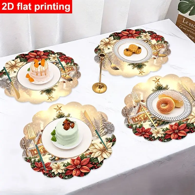 VIKAMA Holiday Cottage Tree Poinsettia Placemat Scalloped Edge Snow House Ornament Star Berry Festive Table Mat Charming Soft