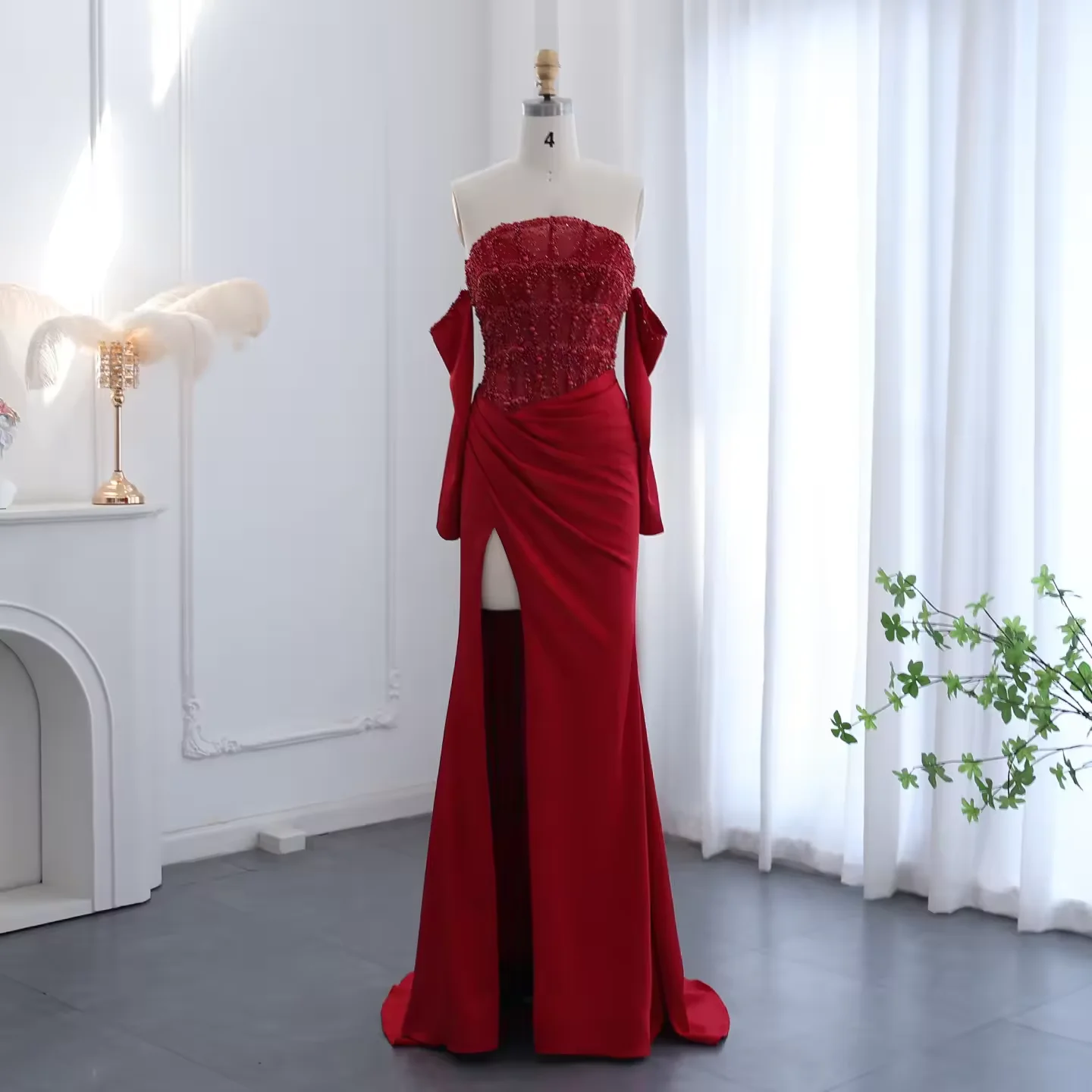 

Customized 2026 Newly Elegant Evening Dress Prom Gown for Women Mermaid Split Pearls Beaded Pleated Dubai Wedding Dance Party