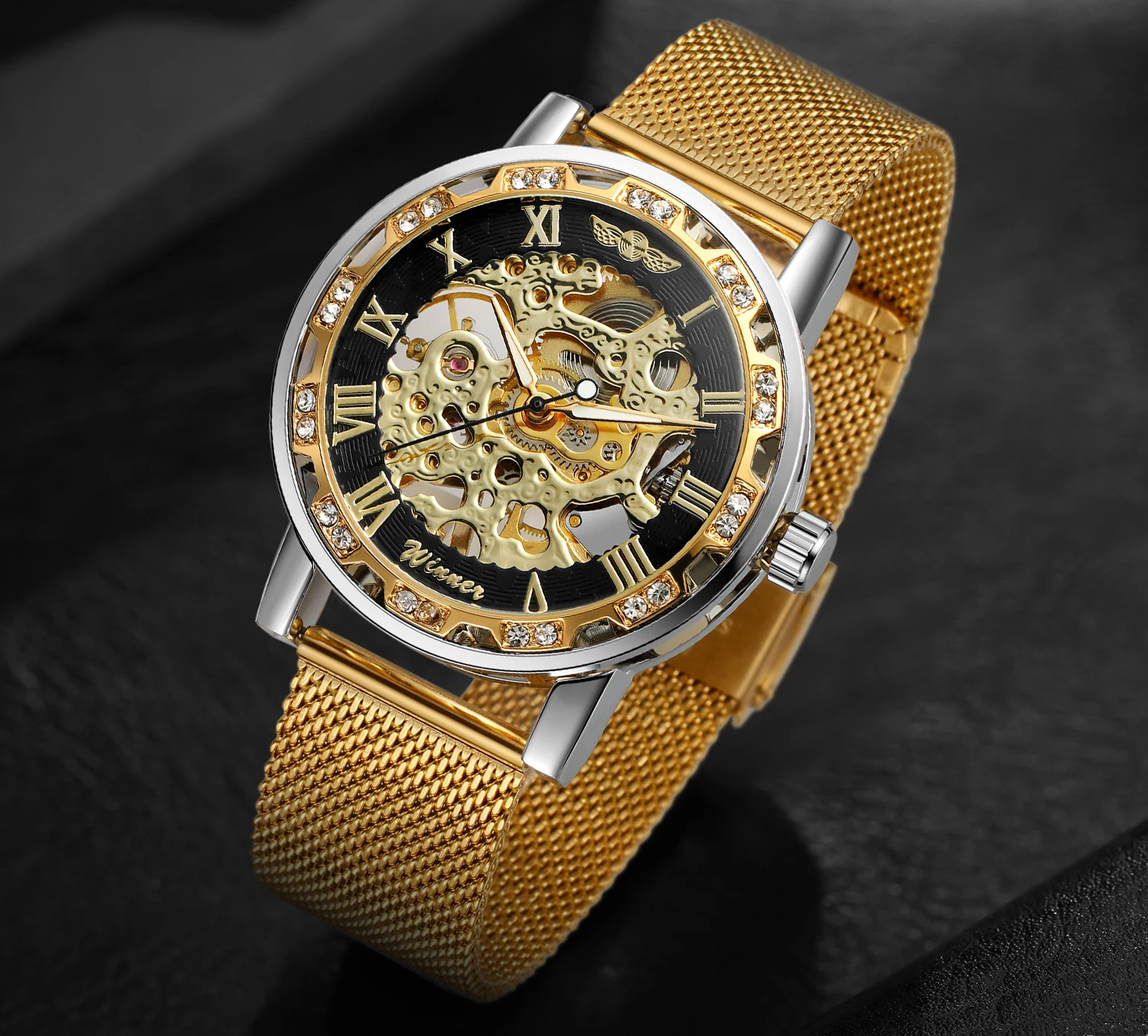 T-WINNER Classic Roman Numerals Mens Watches Engraving Skeleton Mechanical Luminous Pointers Rhinestone Mesh Band Man Wristwatch