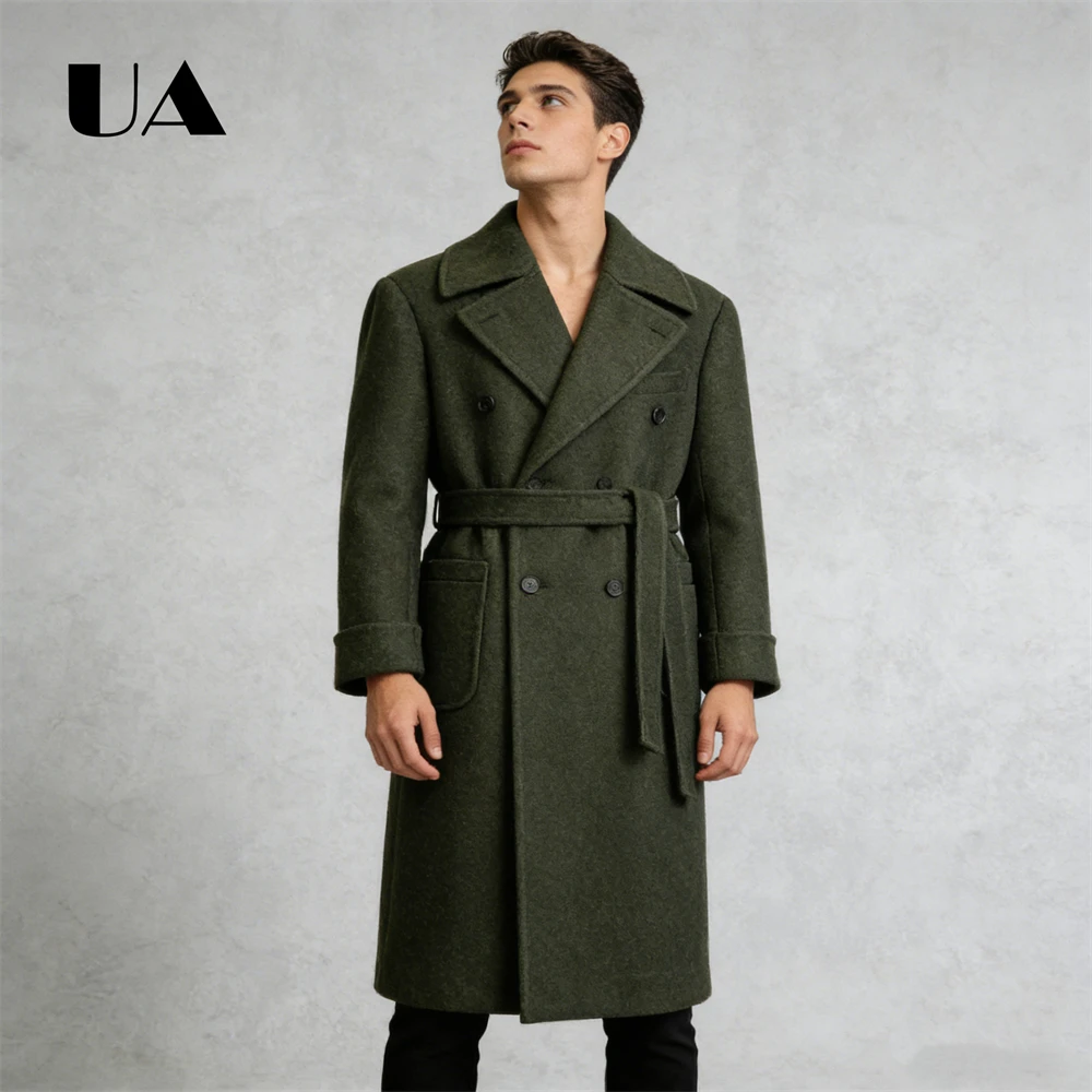 

ULBYANRY 2025 Autumn New Green Woolen Coat for Men, Double Row Suit Coat XS-4XL Big & Tall Men's Suit Jacket Mid Length