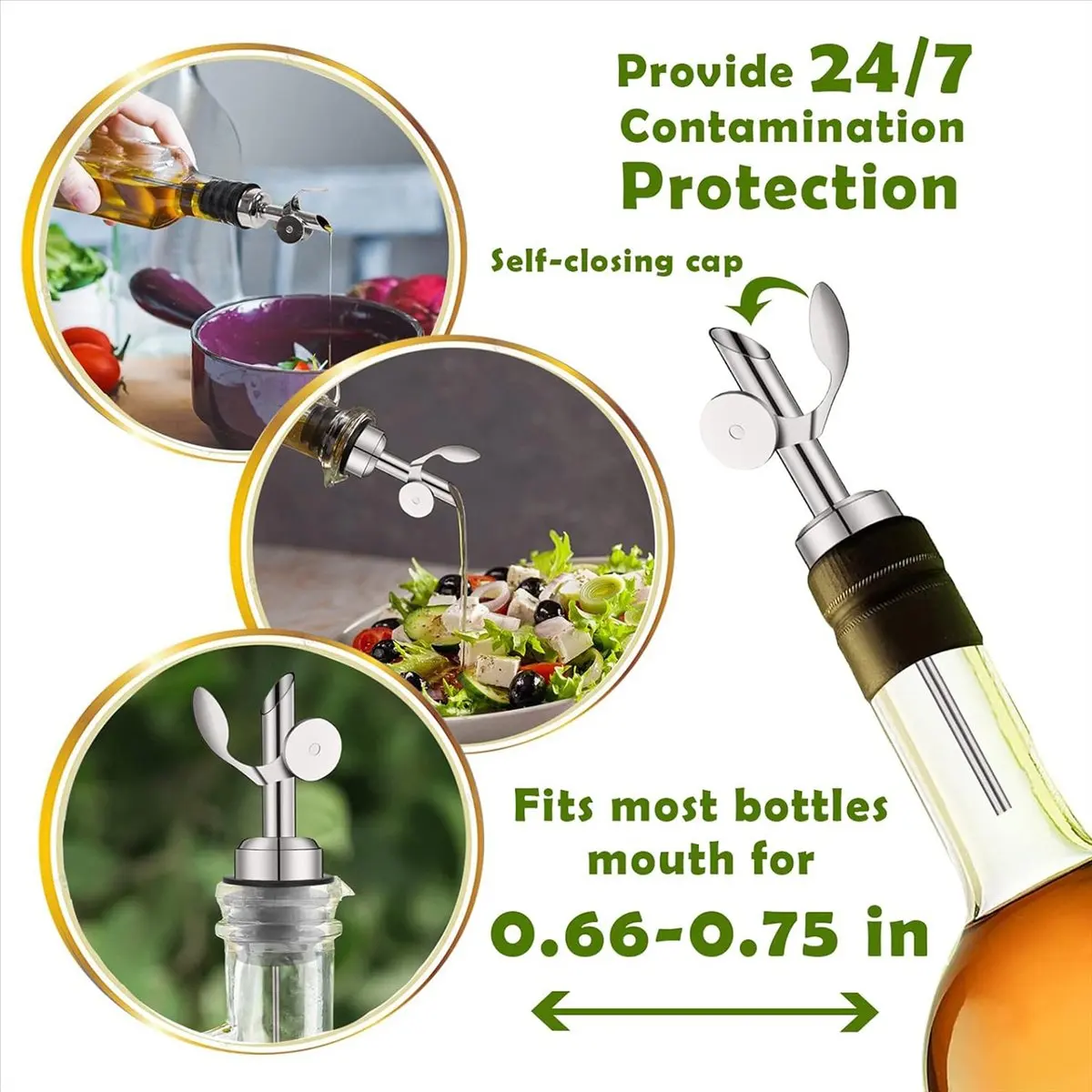 AA83 4 Pcs Stainless Steel Bottle Pourers,Self Closing Olive Oil Dispenser Spout,Auto Flip Feature Liquor Pour Spouts Silver