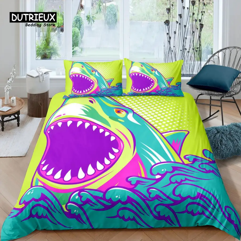 

Home Living Luxury 3D Print Cartoon Shark Bedding Set Sea Duvet Cover Pillowcase Queen and King EU/US/AU Size Polyester Bedding