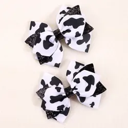 2Pcs Ribbon Cow Print Hair Bow Clips For Kids Glitter Hairpin Barrettes Girls Bows Hair Clip Headwear Children Hair Accessories