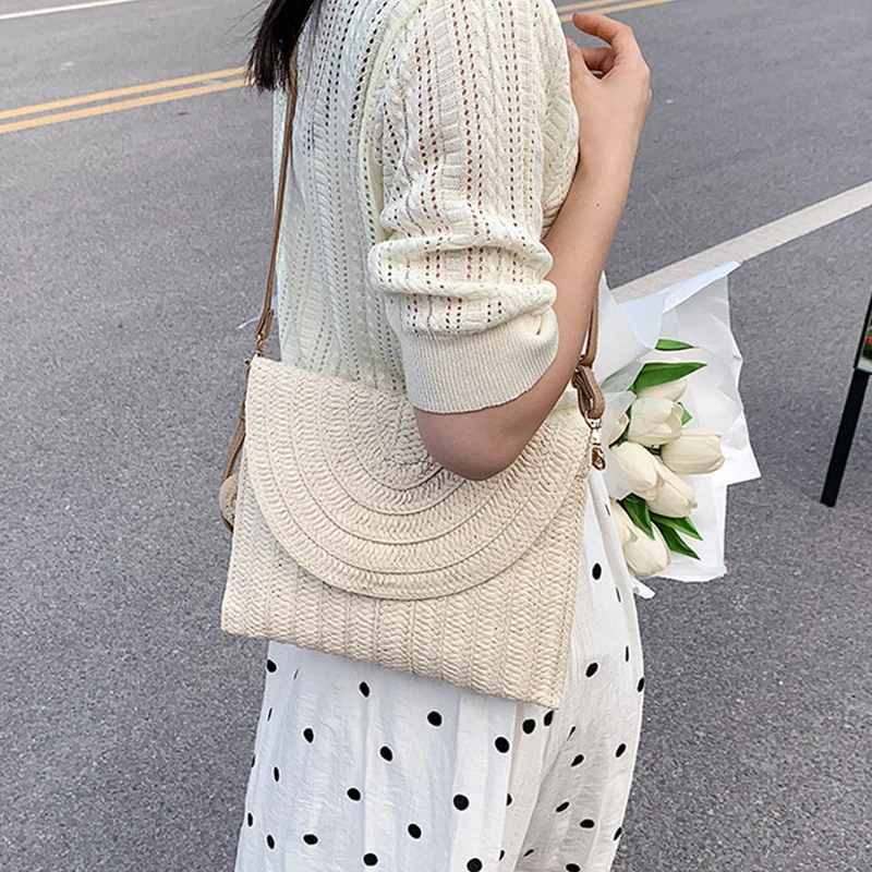 Summer Woven Braided Handbag For Women Woven Handmade Envelope Shoulder Bag Travel Beach Bag Shopping Coin Card Wallet