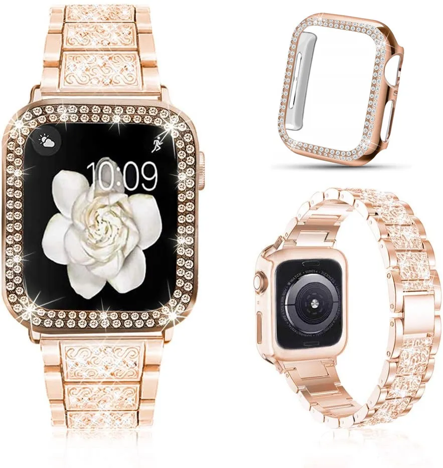 Case+Bling Strap For Apple Watch Band 40mm 44mm 41mm 45mm Women Jewelry Diamond Metal Link Bracelet iWatch Series 9 8 7 6 5 4 SE