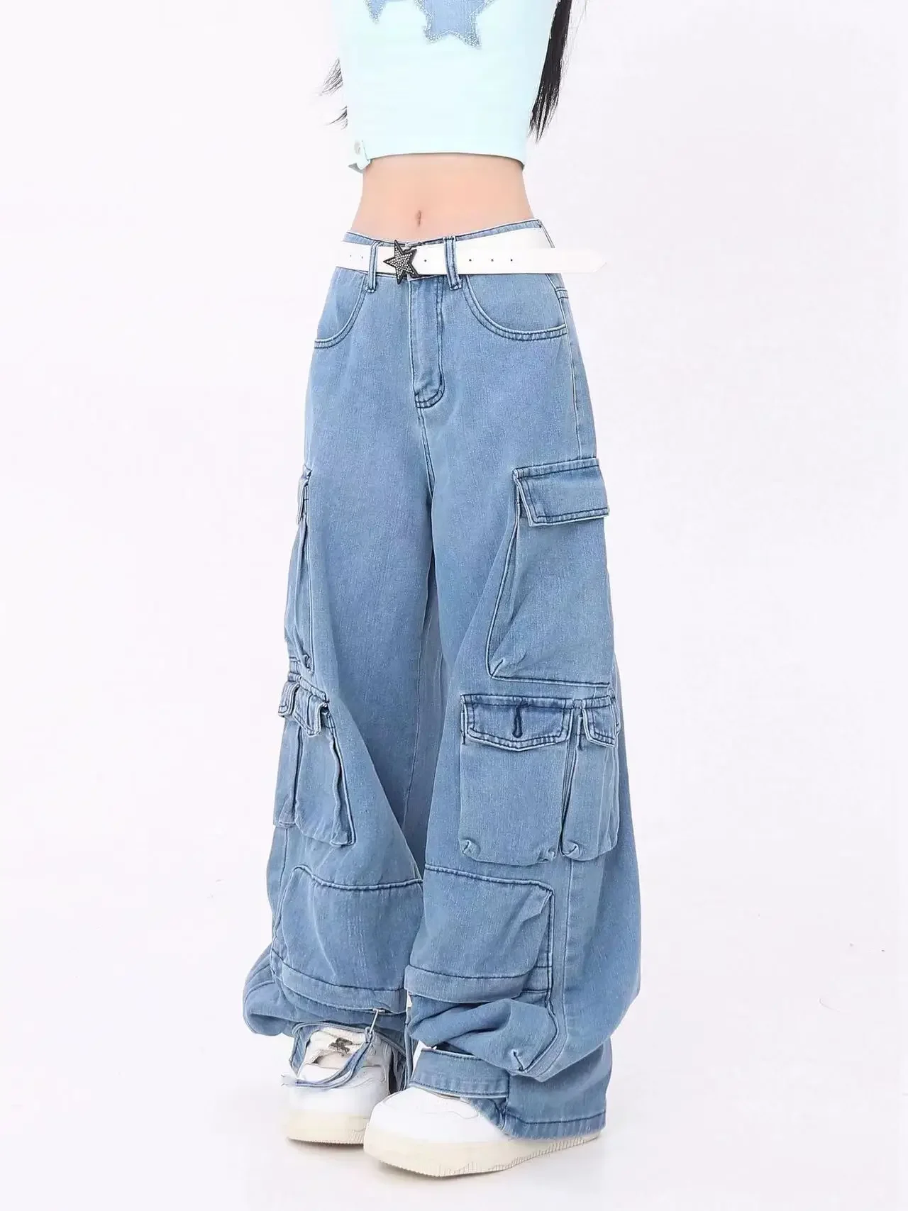 Pink multi-pocket overalls jeans female Y2K punk hip hop Gothic loose fashion jeans 2023 autumn new American retro high street