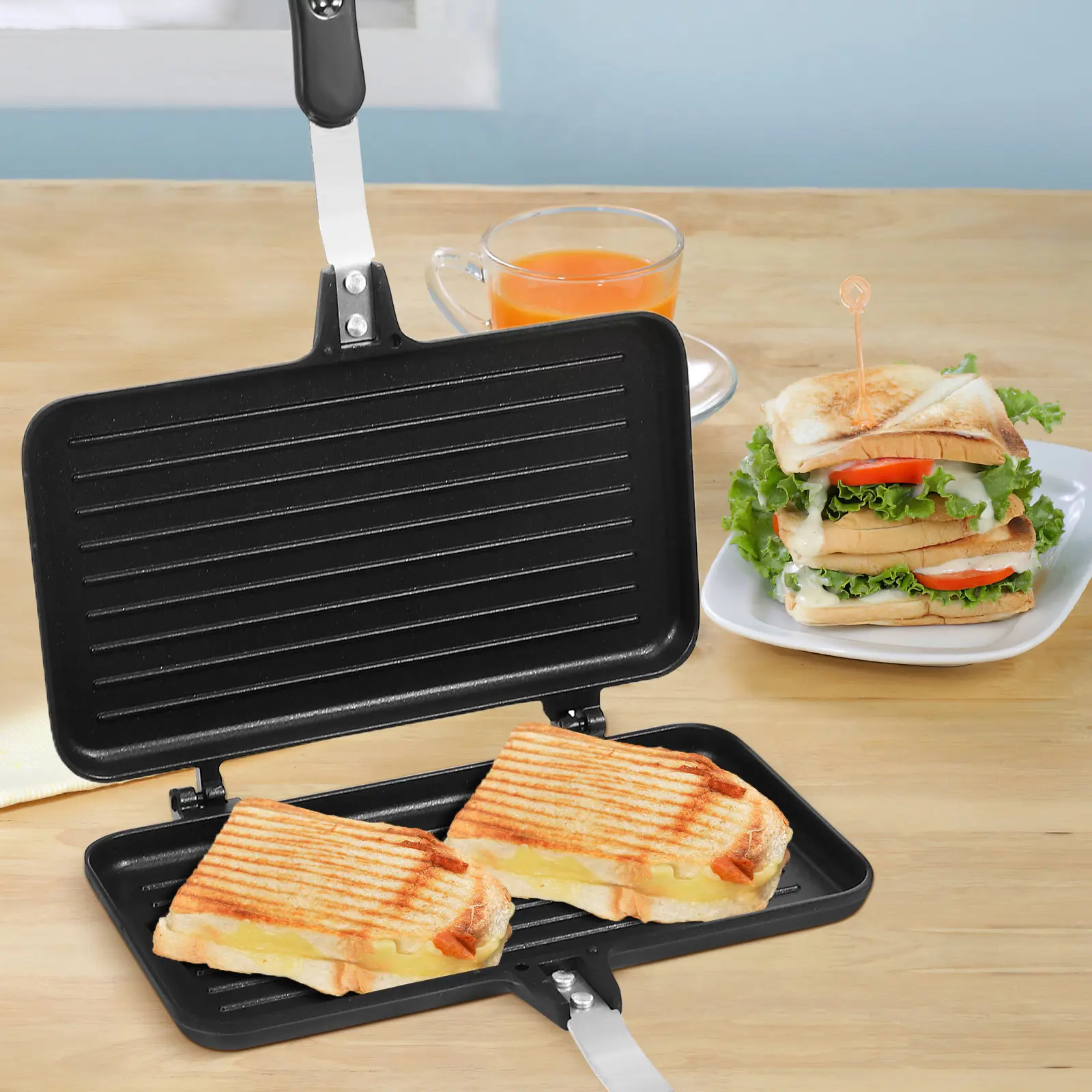 

Double Sided Non-Stick Sandwich Pan Aluminum Alloy Breakfast Machine for Toast Eggs and Grilled Sandwiches Multifunctional