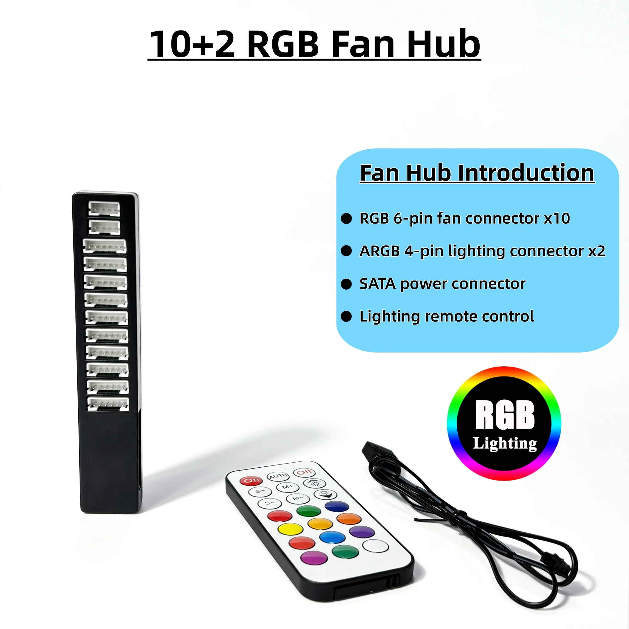 AuyiHomu 10+2 RGB Fan Hub 10 Port 6Pin Fan + 2 ARGB 4Pin Lighting Hub with Remote SATA Powered for PC-12V(Battery Not Included)