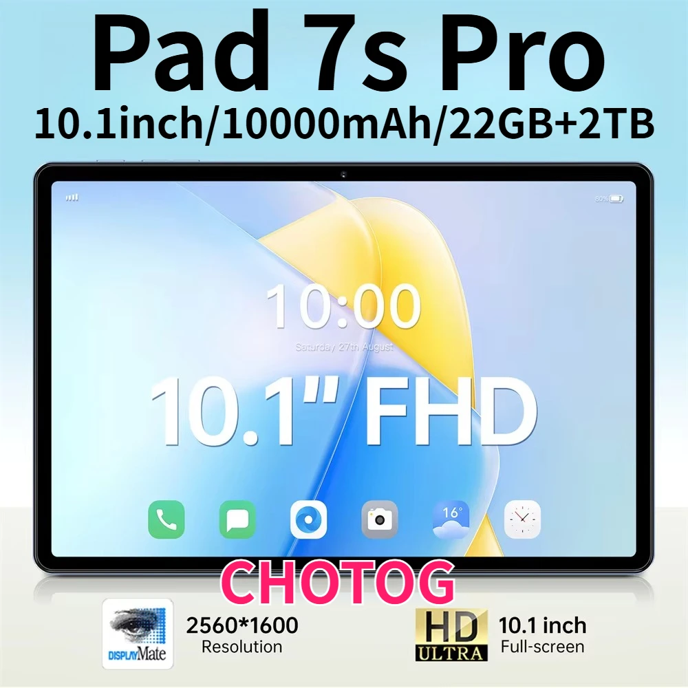 Tablet CHOTOG Pad 7s Pro 5G Dual SIM 10.1 pollici Android 15 16+32MP 22GB+2TB Tablet per bambini 10000mAh Tablet PC