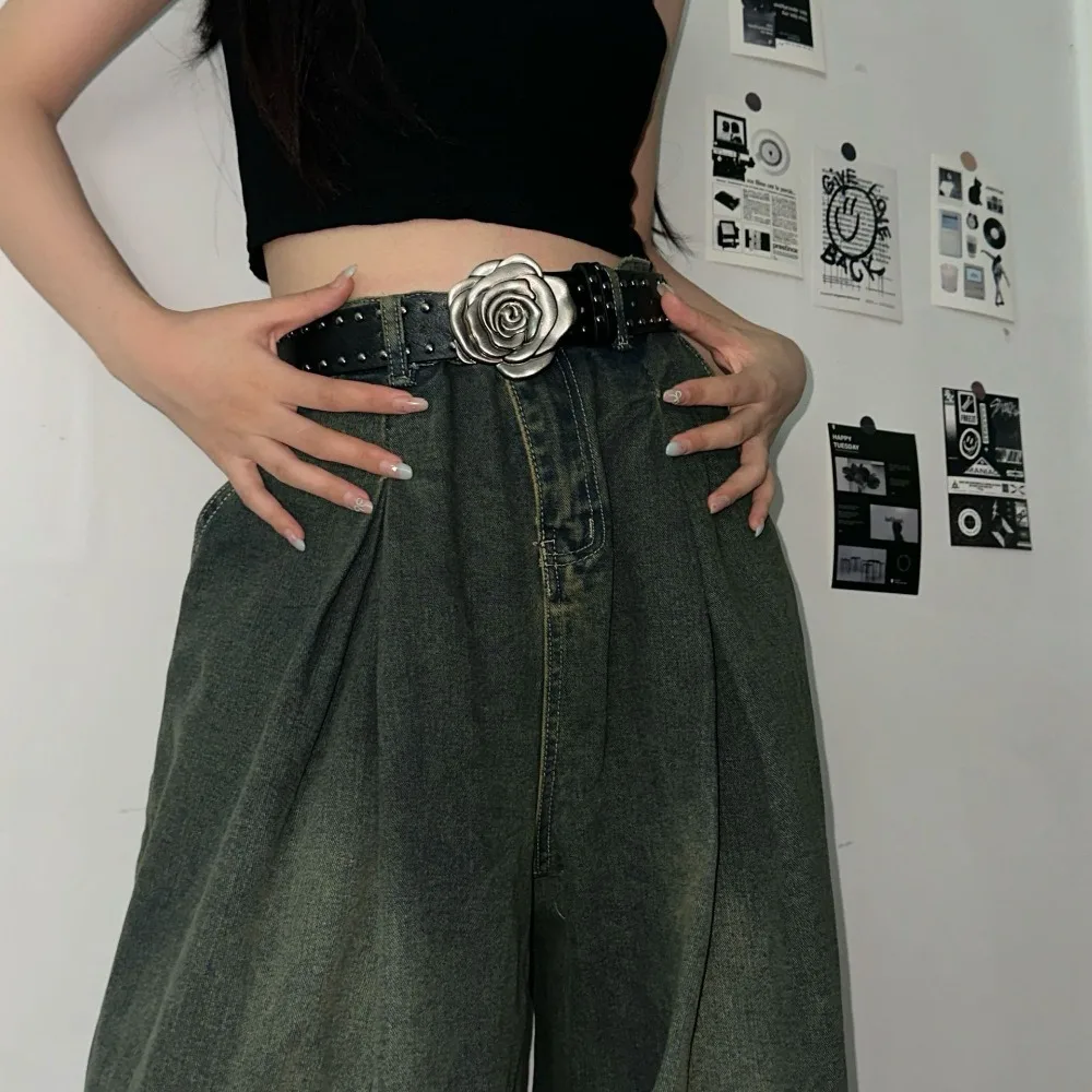 حزام روز بانك للنساء - حزام خصر مرصع بالجلد مع إبزيم، إكسسوار قوطي منفعل للجينز والتنانير