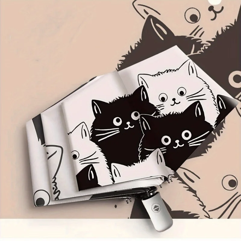 1Handle Manual Cat Theme Umbrella - 8Rib Durable Iron Frame，70% off Compact Design，Fashion Black and White Cartoon Cat and Heart