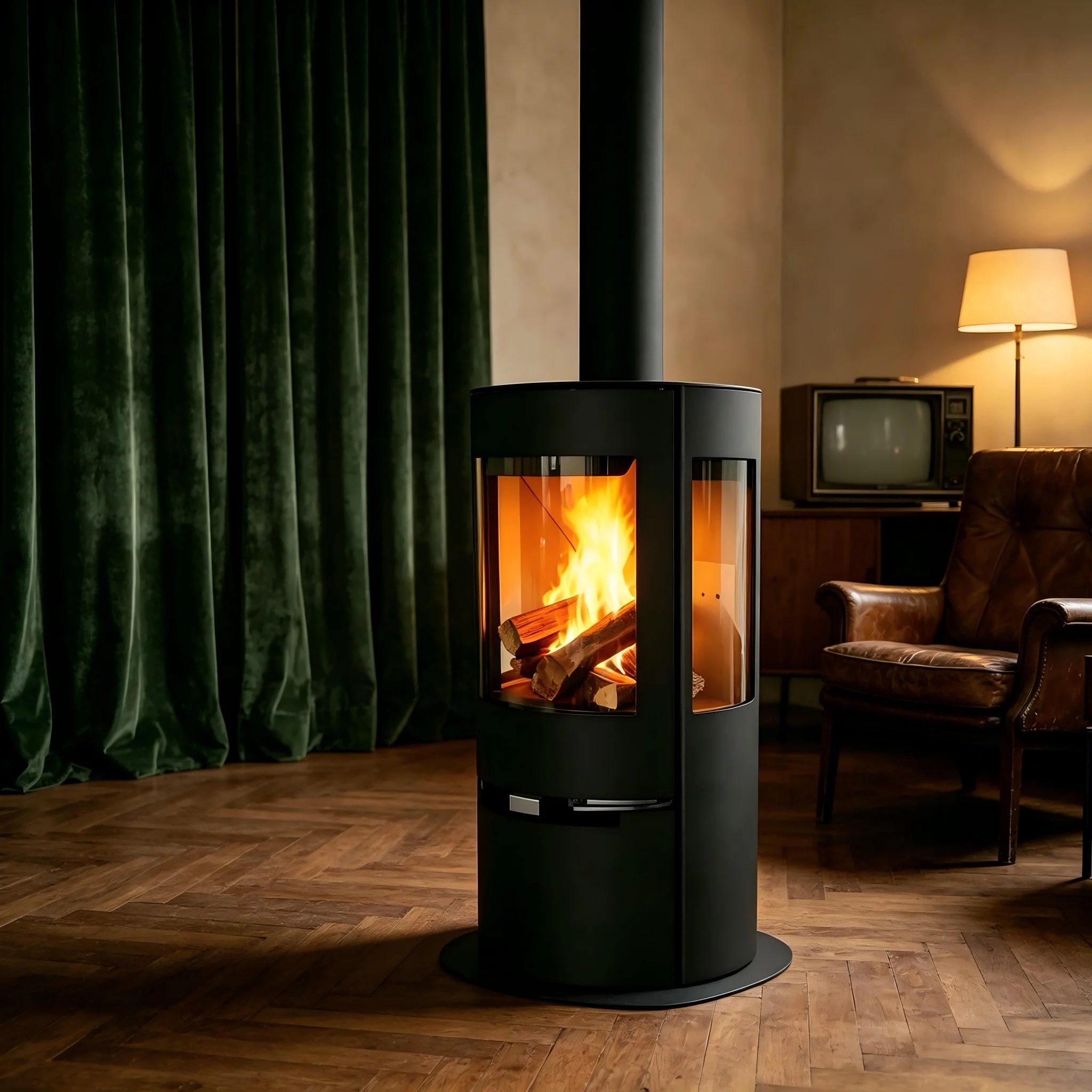 Rustic Wall-Mounted Wood Burning Stove With Flame Effect And Safe Operation For Home Heating