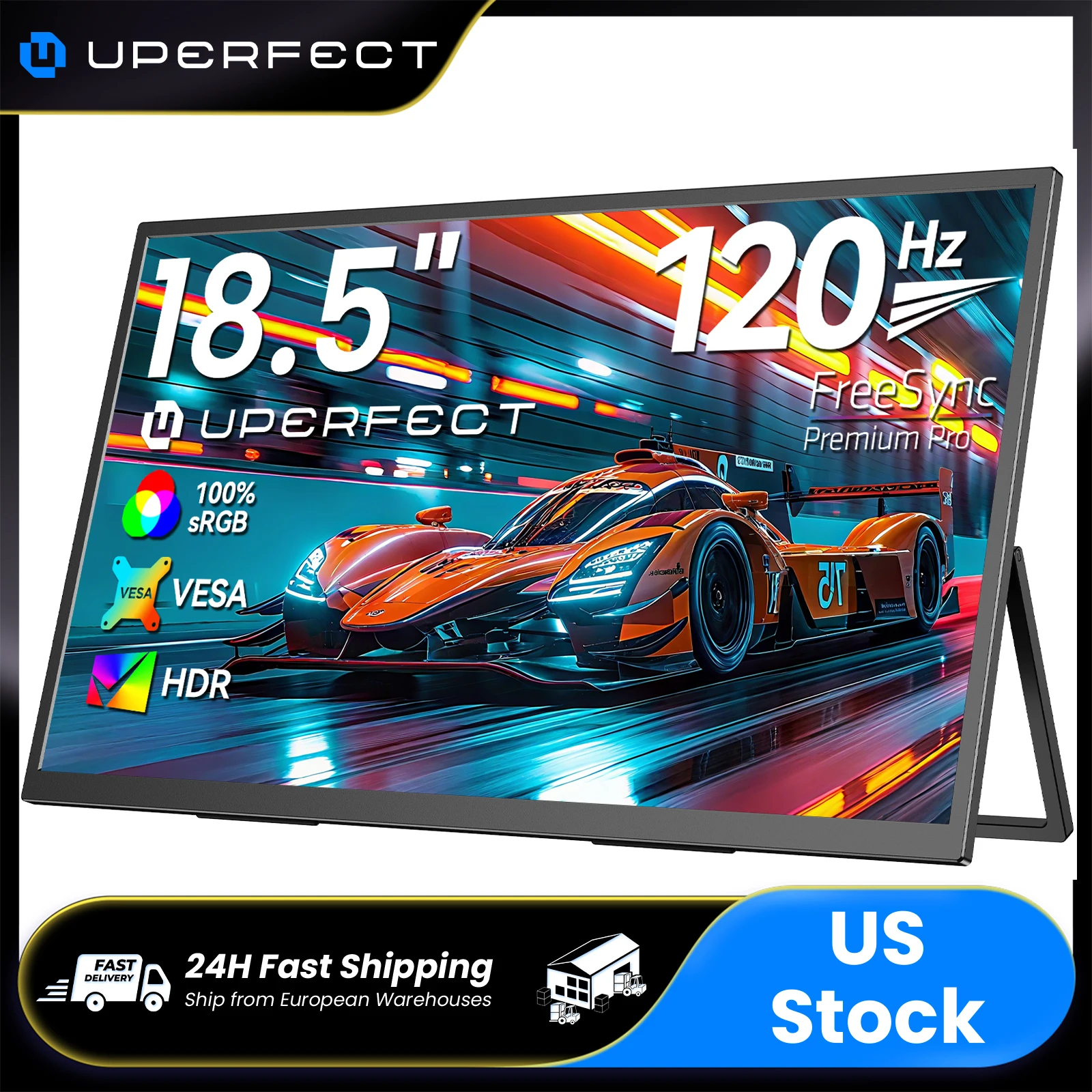 UPERFECT 18.5" 1080P Portable Monitor 100% sRGB FreeSync IPS HDR 120HZ Gaming Display w/VESA & Stand USB C HDMI Travel External Screen for Laptop MacBook PC Surface PS5 Xbox