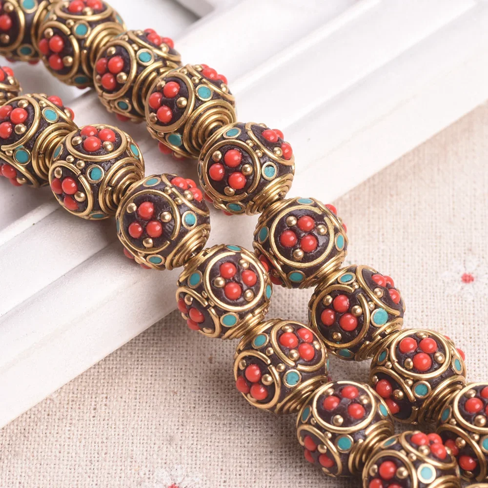 2pcs 15mm-17mm Round Handmade Nepalese Tibetan Buddhist Brass Metal Clay Loose Beads For DIY Jewelry Making Accessories