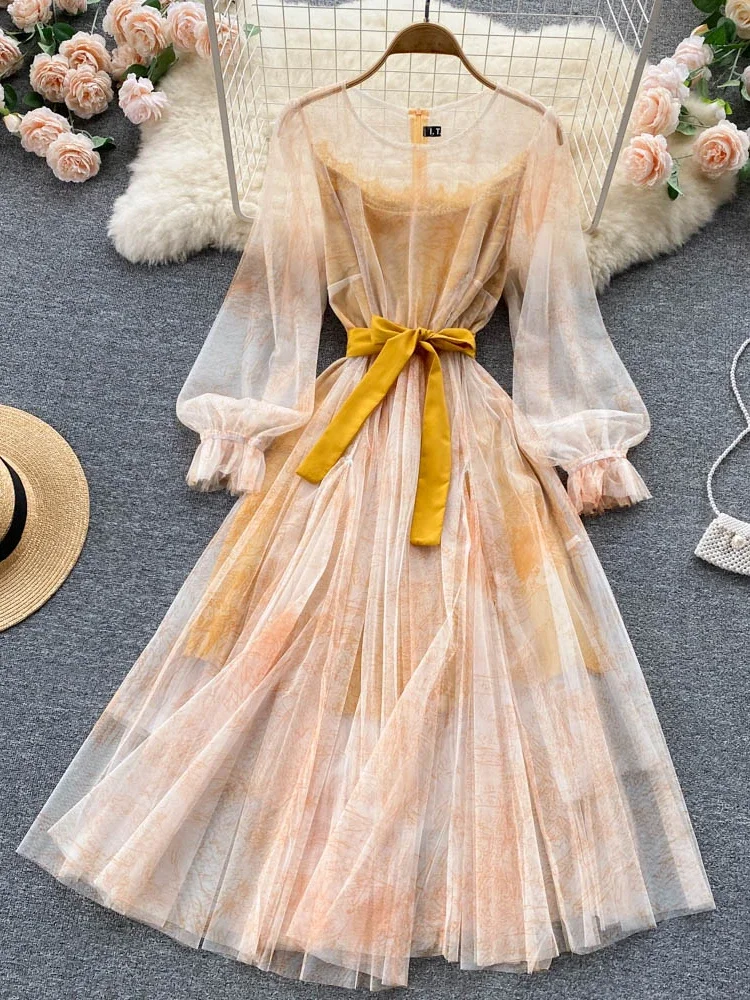 Elegant Women Mesh Dress Vintage Lantern Sleeves Printed Party Dresses Spring Summer Patchwork A Line Bandage Beach Dress