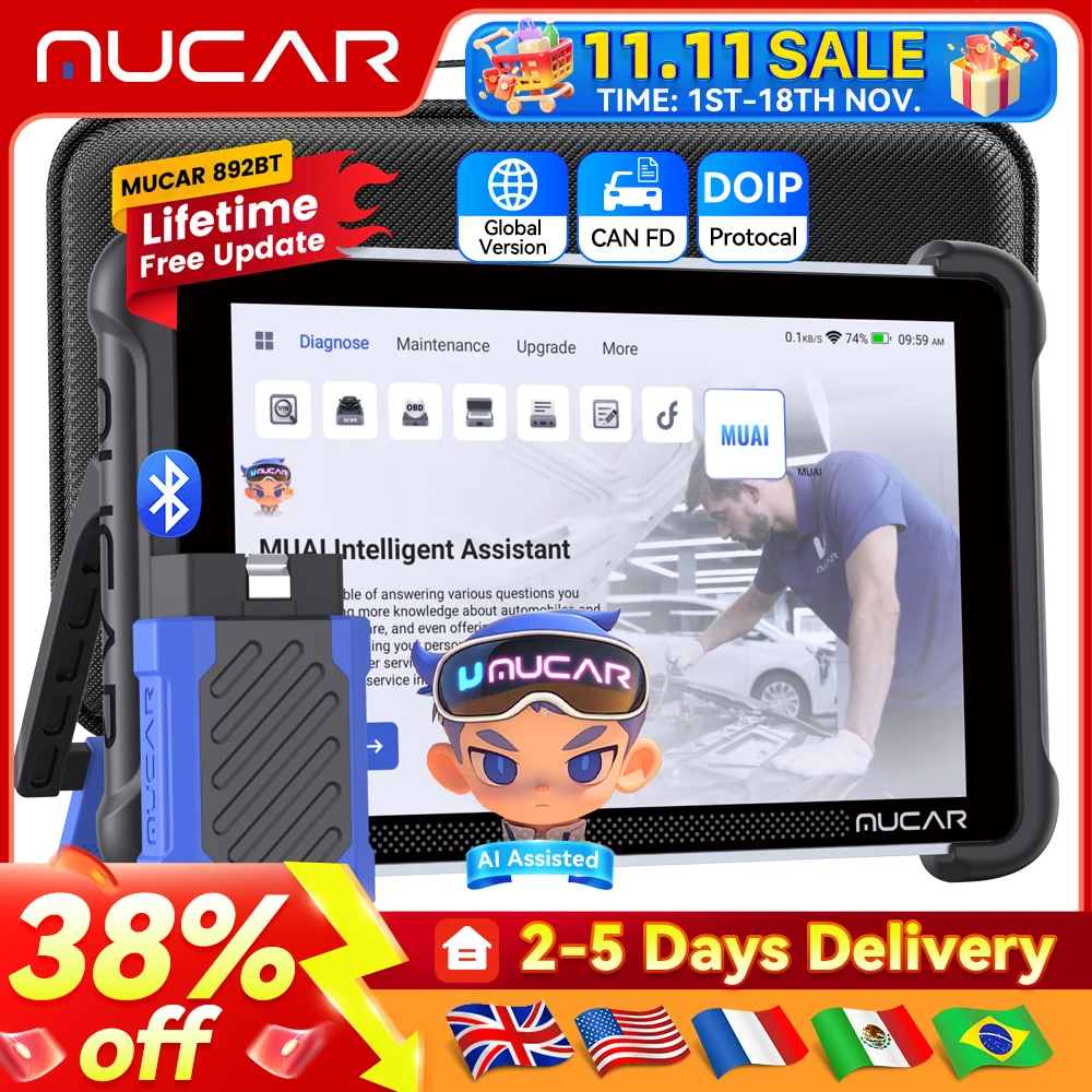 MUCAR 892BT OBD2 Scanner AI-Assisted Bidirectional Scan Tool, Full System Diagnostic ECU Coding 35 Services Lifetime Free Update