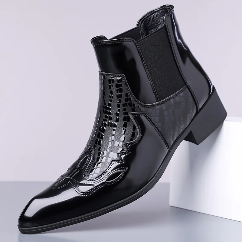 

mens fashion hip hop rock chelsea boots slip-on patent leather shoes pointed toe cowboy boot breathable designer ankle botas man