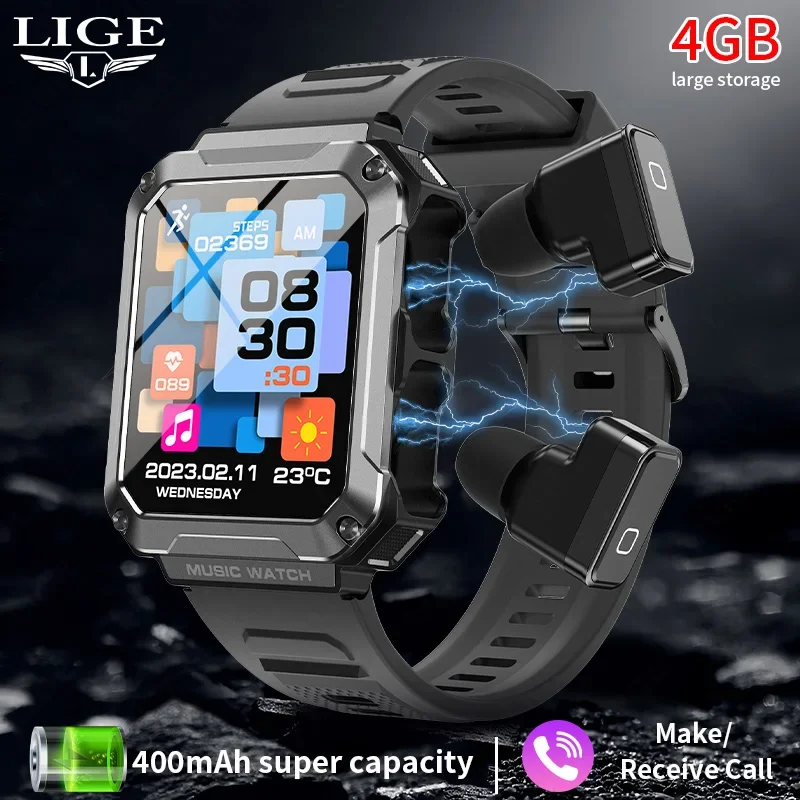 

LIGE 4GB Memory Smart Watch Headset TWS Wireless Wireless Calling Sport Music Earphone Smartwatch Waterproof Men Women Watches