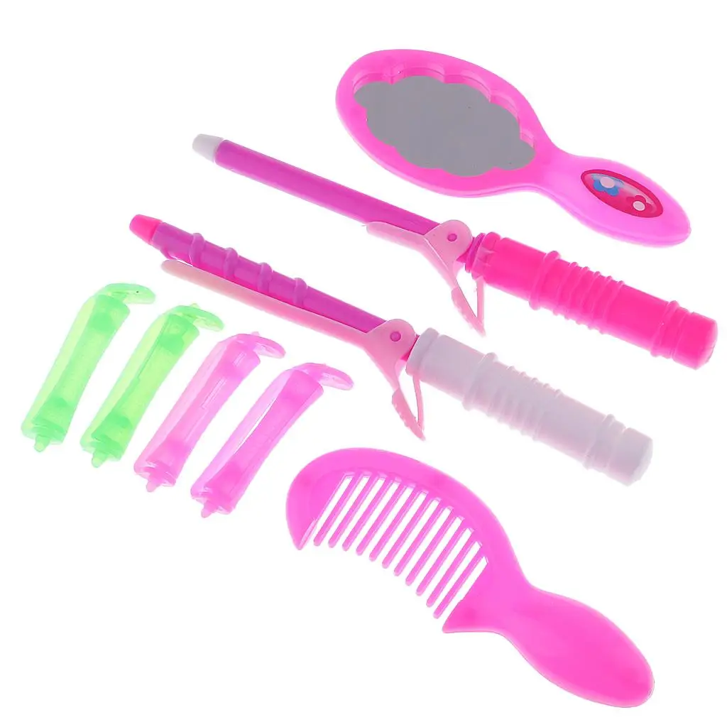 8pcs Dolls Hair Accessory for Baby Doll Hair Curler Comb Mirror Curling Iron Set Dresser Dress Up Girl Gift