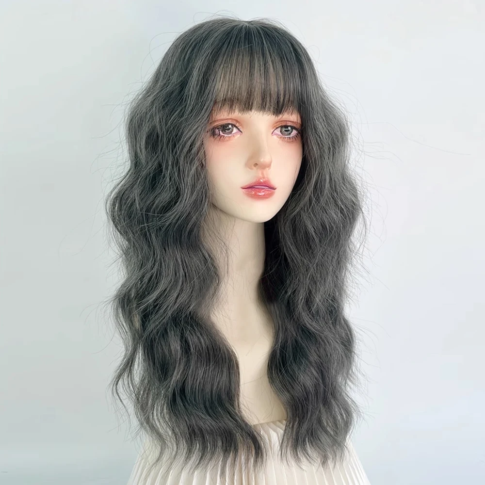 VICWIG Long Wavy Curly Grey Black Wig with Bangs Synthetic Lolita Cosplay Women Hair Heat Resistant Wig for Daily Party