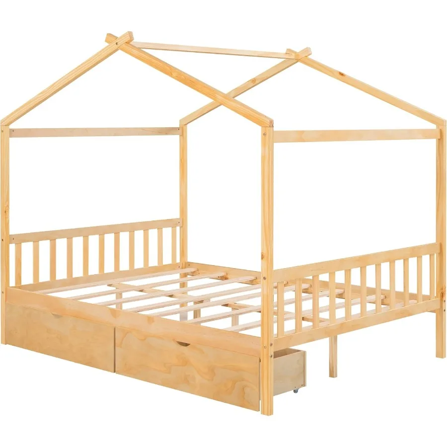 Full Size House Bed for Montessori Wood Platform Frame With 2 Storage Drawers Headboard and Footboard Ideal for Girls Boys Bedr
