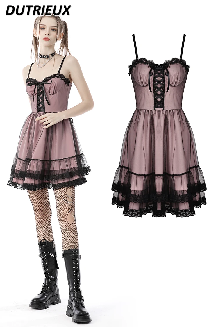 Gothic Black Pink Color Matching Mesh Lace Suspender Dress Summer New Sweet Girls Versatile Lace-up Waist Sleeveless Dresses