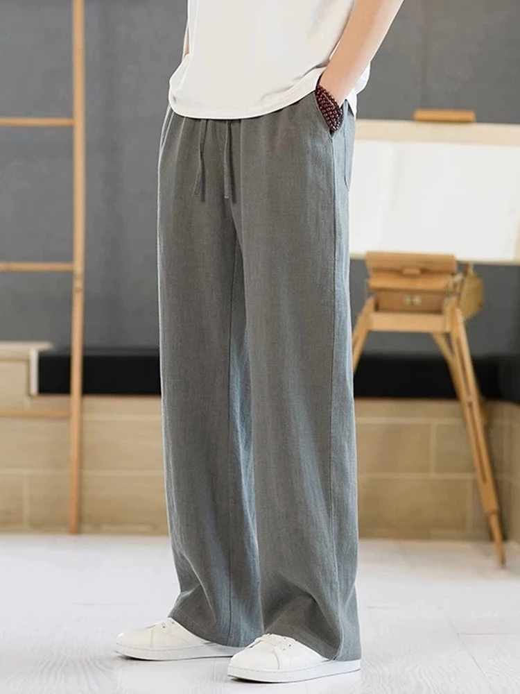 Loose Fit Linen Cotton Wide Leg Pants Men's Summer Thin Straight Leg Trousers plus Size Casual Breathable Faionable Pants