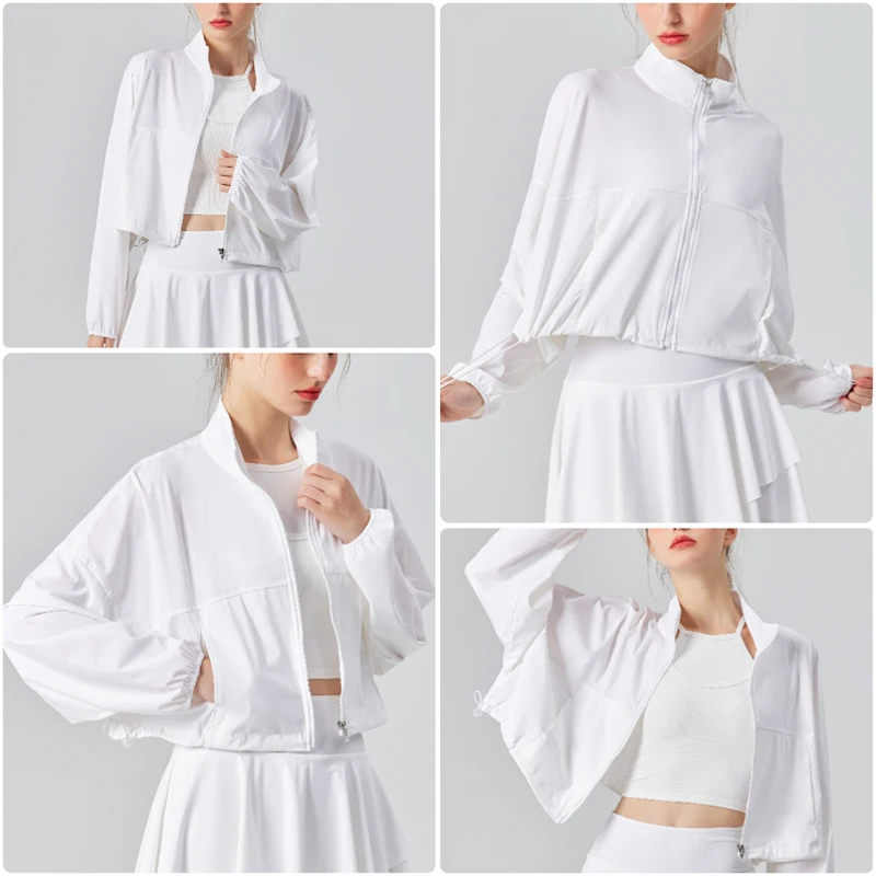 Women's Athletic Workout Running Track Full Zip Cropped Jackets UPF 50+ Sun Protection Long Sleeve Workout Shirts Yoga Gym Top