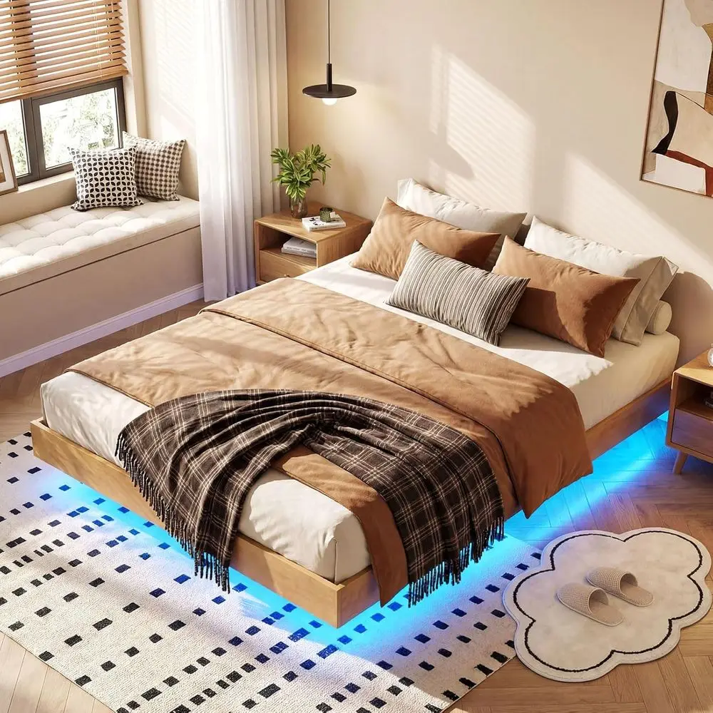 12 Inch Natural Rubber Wood Platform Bed with LED Lights, Wooden Slats Support, Ample Storage Space, No Box Spring Needed