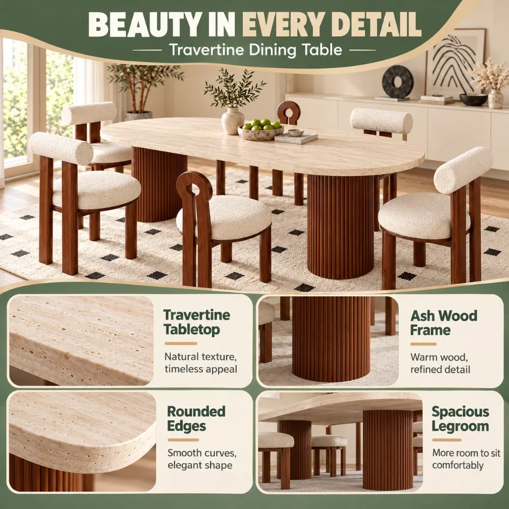 Vintage Semi Oval Sintered Stone Dining Table, High Temperature Resistant Solid Wood Base, 6 Seater For Home & Restaurant