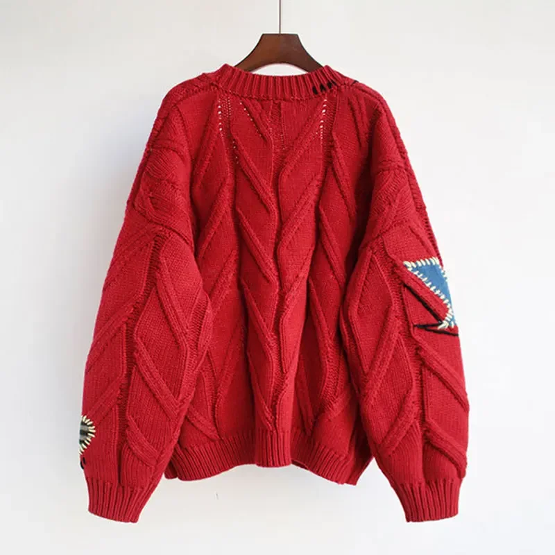 التطريز المرقعة شارع العليا سميكة متماسكة الخامس الرقبة المرأة سترة سترة واحدة الصدر سترة للنساء ملابس الشتاء #2