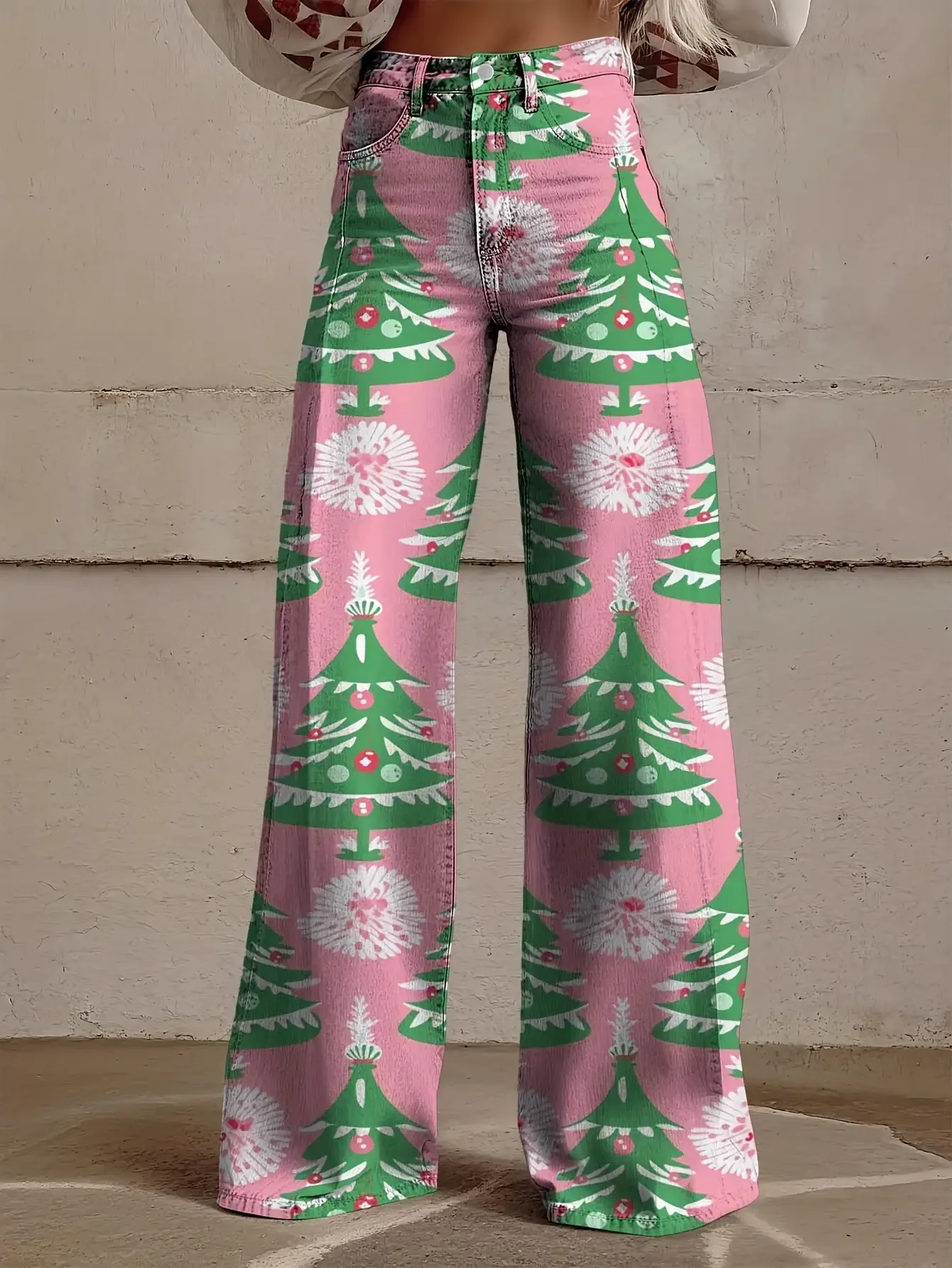 European and American women's pants, retro floral print jeans, wide leg pants, loose and comfortable, slimming imitation jeans