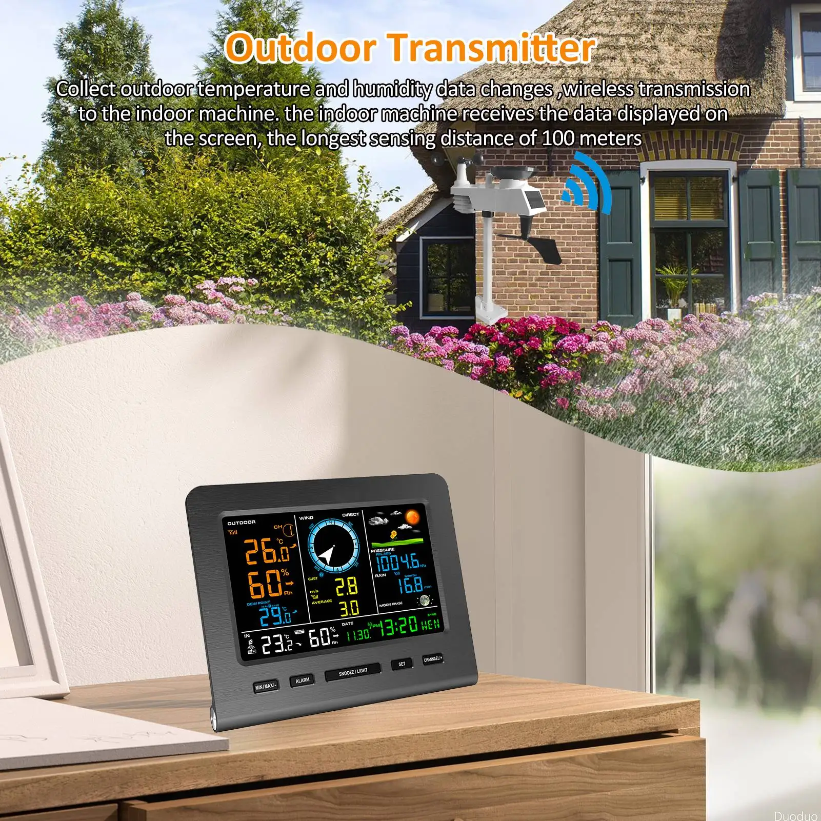 محطة الطقس اللاسلكية الرطوبة مقياس الرياح قياس المطر مرحلة القمر ساعة تنبيه الاستشعار في الهواء الطلق محطة الطقس الرقمية