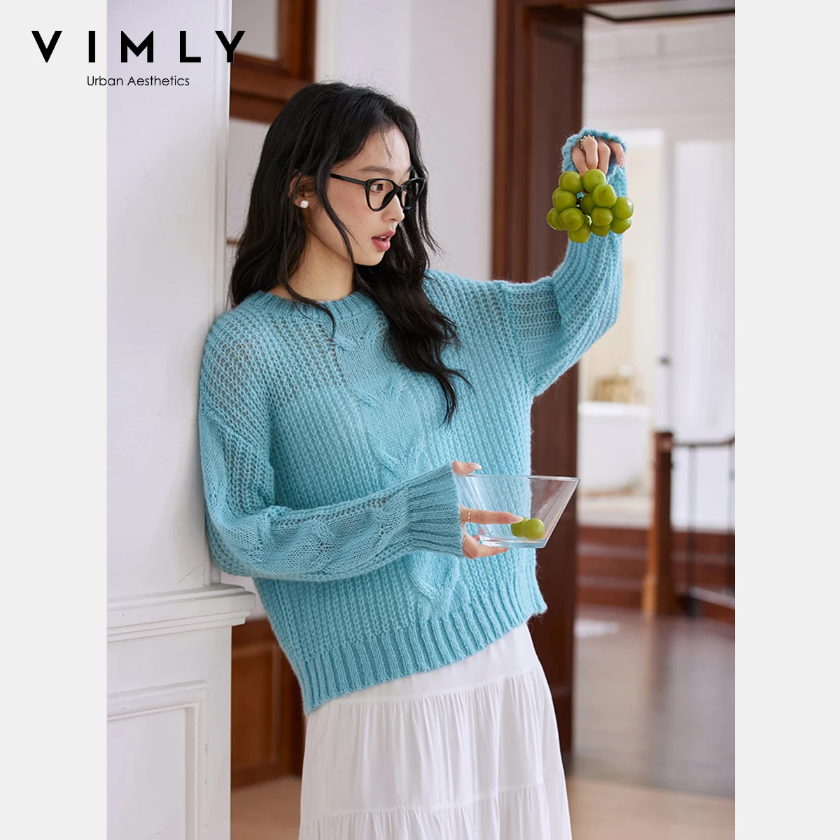 

Vimly Pullovers Blue Twist Woven Hollow Design Knitted Sweater Women's 2025 Spring Loose Long Sleeve Wool Top 73955