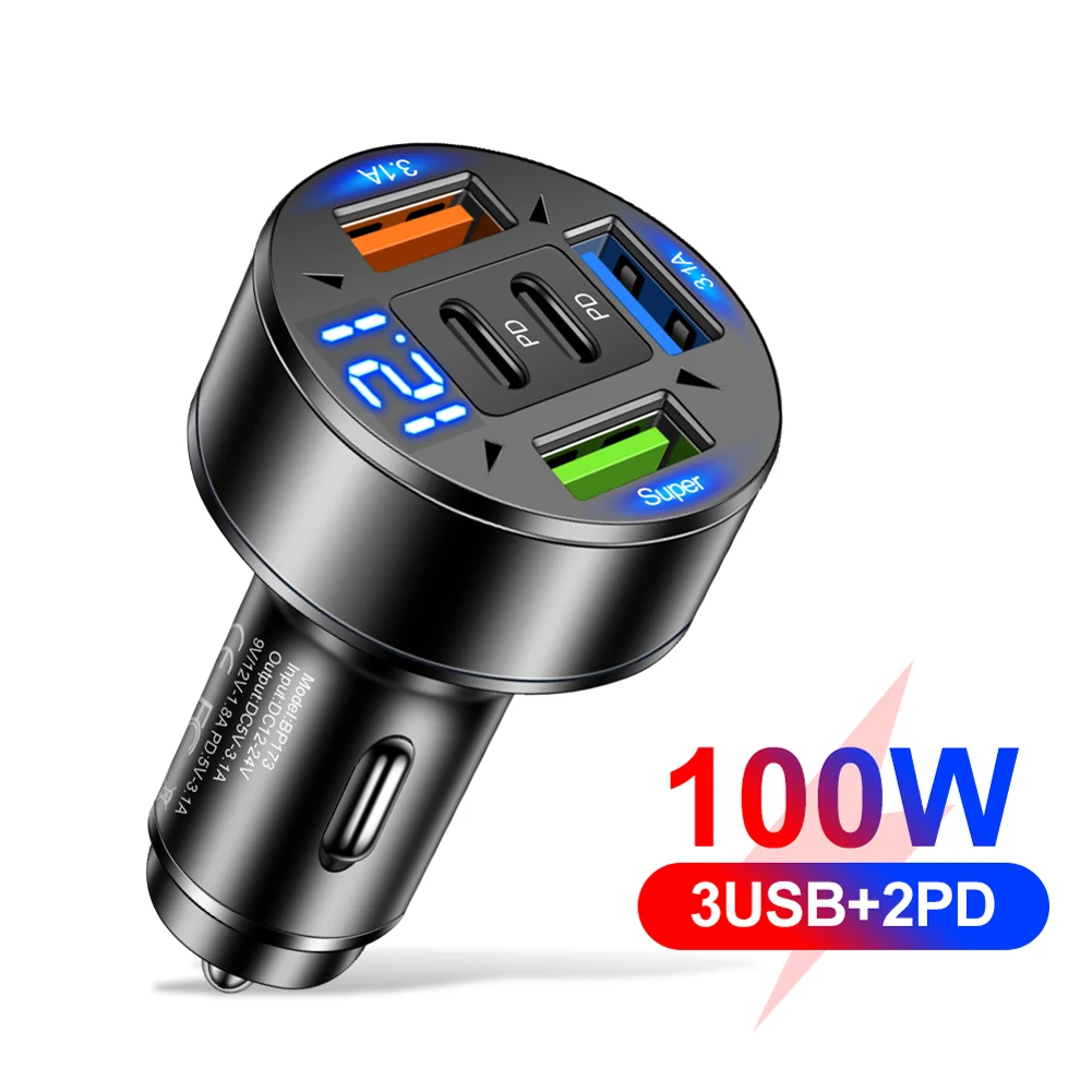 100W 5 Ports Car Charger with Voltage Fast Charging Charger 12V-24V Cigarette Lighter Plug Adapter for Most Car Models