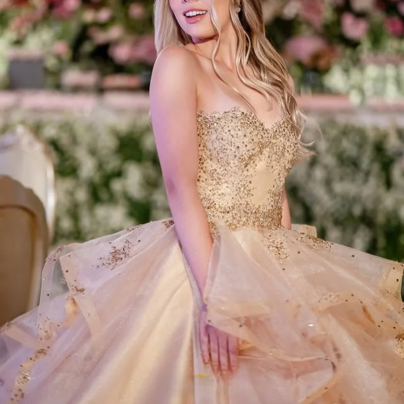 

Shiny champagne Shoulder Quinceanera Dress Lace decal Tull layering crystal ruffle vestidos de 15 Quinceanera ﻿Customized