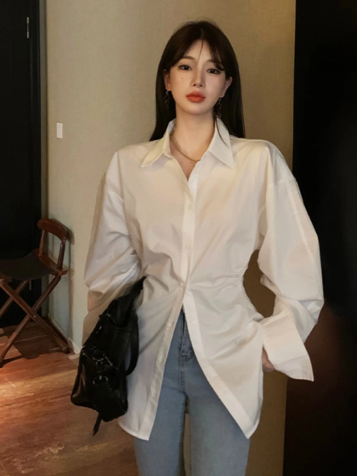 

Women's Slim Fit irt Waist Cinched Inner Wear Top Spring New Design Korean Sle Early Spring White irt
