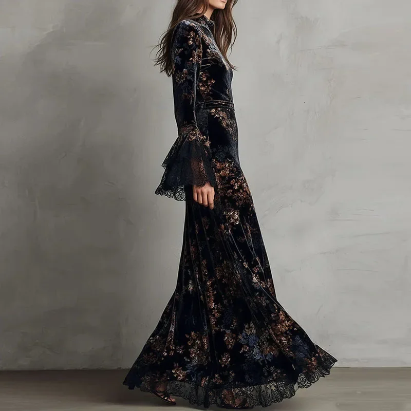 BWQ Retro Floral Print Velvet Long Dresses Woman Sexy O Neck High Waist Evening Dress Autumn Long Sleeve Spliced Lace Maxi Dress