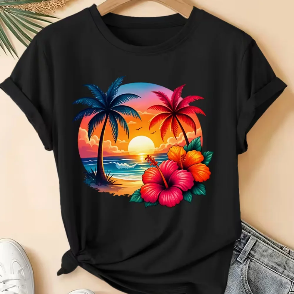 Women's Crew Neck Short Sleeve T-Shirt with Tropical Island Sunset Palm and Hibiscus Print - Perfect for Summer Vacations and Casual Wear