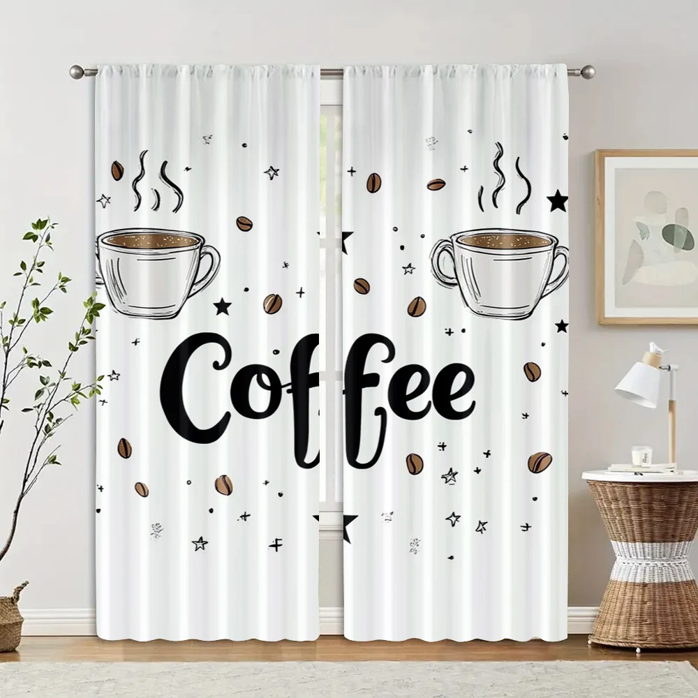 2pcs Coffee Cup Print Curtains Hand-drawn Style Polyester Window Drapes for Kitchen Dining Room Cafe Decor