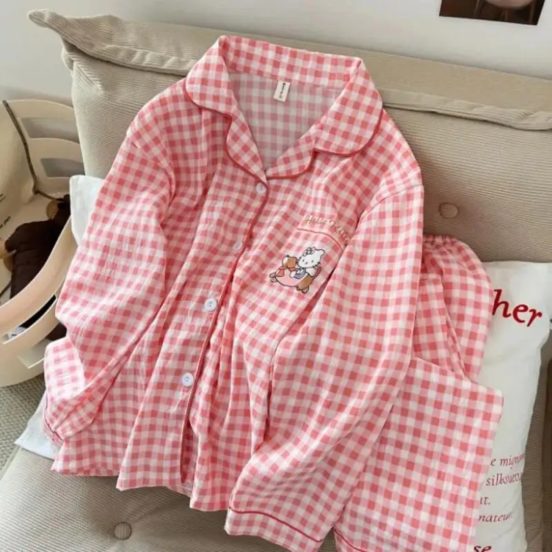 Pajama Set Hello Kitty New Sweet Plaid Long-Sleeved Trousers Set Light Comfortable Home Clothes Cute Student Pajamas Gift Loose