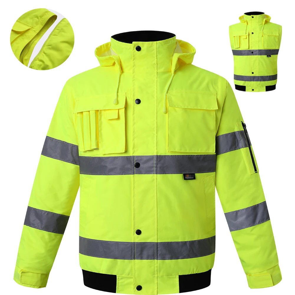 Men\'s Winter Hi Vis Safety Jacket Waterproof Jacket With Removable Sleeves Reflective Workwear