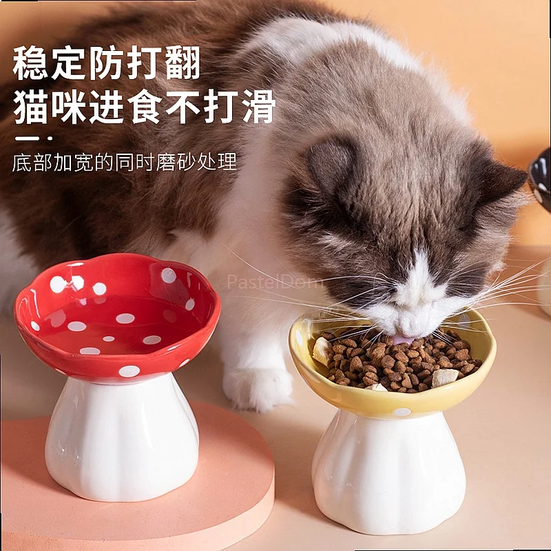 Mushroom Cat Bowl Ceramic Elevated Stand Protect Cervical Spine Anti Spill Pet Dog Food Bowl Cat Water Dish