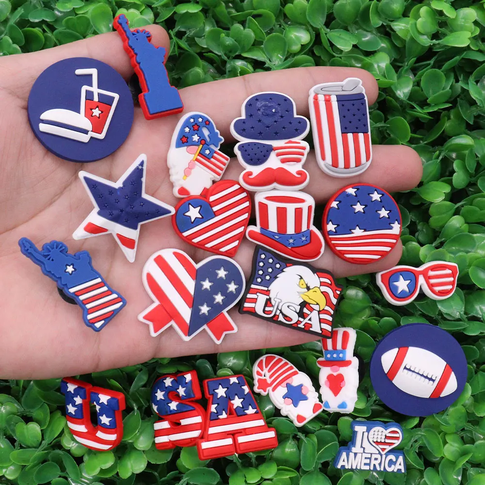 1pcs America USA Statue of Liberty Star Heart Hat Soccer PVC Shoe Charms Wristband Decoration Buckle Accessories Adult Gift