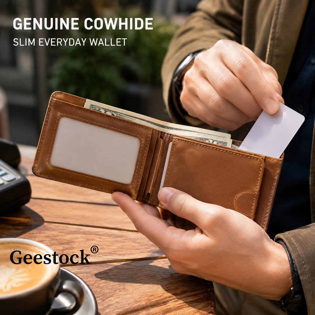 Vintage Mens Cowhide Wallet Slim Bifold Short Purse Multiple Card Slots Clear ID Window For Business Travel Daily Fathers Gift
