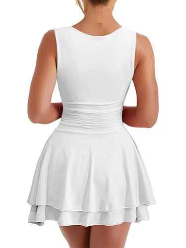 Imagen 2 del producto CHRONSTYLE elegante mujer fiesta corto Mini vestido sin mangas verano sin mangas cuello cuadrado Color sólido A-Line vestido Mujer Vestidos 2025