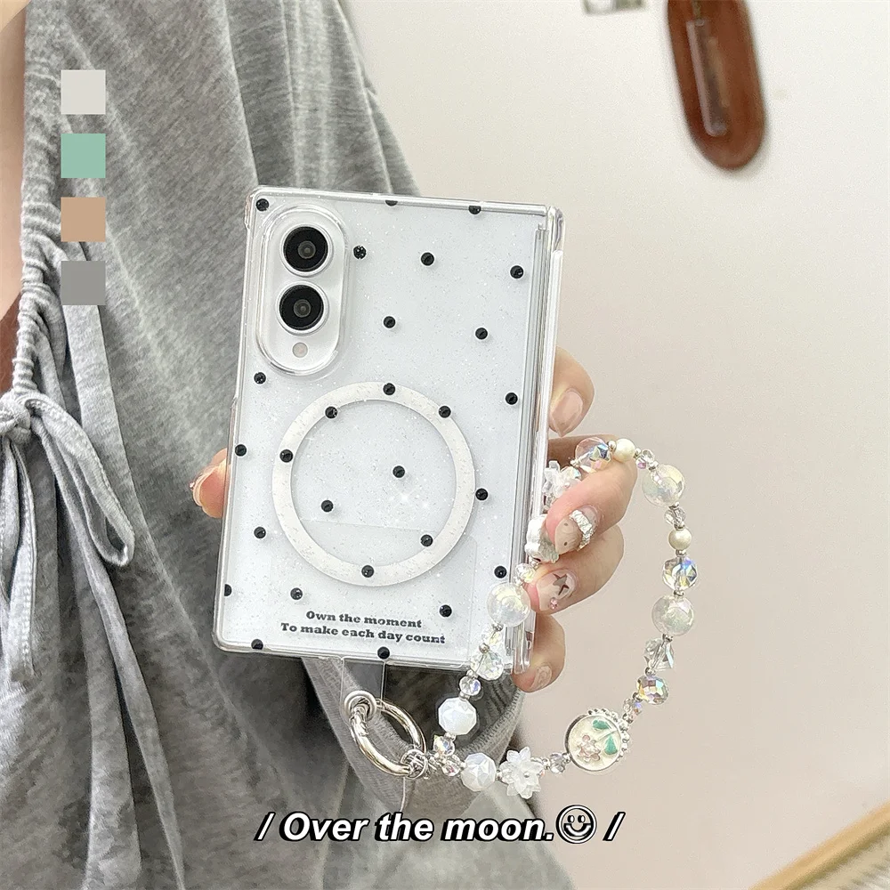 Kawaii Cute Black dots Magnetic Phone Case for Samsung Galaxy Z Fold 8 Ultra zfold 8 7 6 5 Cover For Magsafe Stand Chain